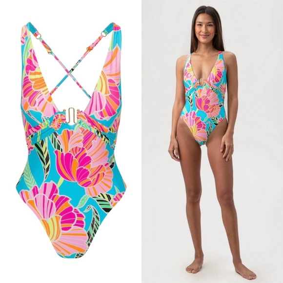 NWT 2025 Season Trina Turk Poppy Belted Plunge One Piece Swimsuit Size 12 - Picture 1 of 10